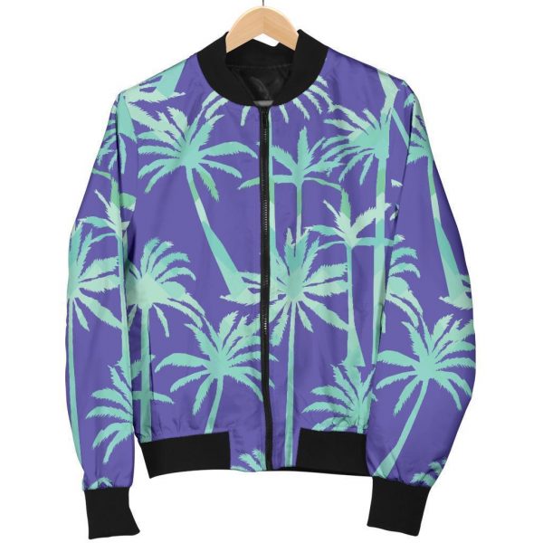 Teal Palm Tree Pattern Print Bomber Jacket