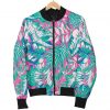 Teal Pink Blossom Tropical Pattern Print Bomber Jacket