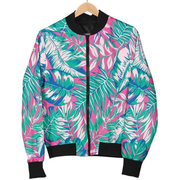 Teal Pink Blossom Tropical Pattern Print Bomber Jacket