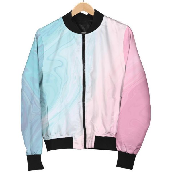 Teal Pink Liquid Marble Print Bomber Jacket