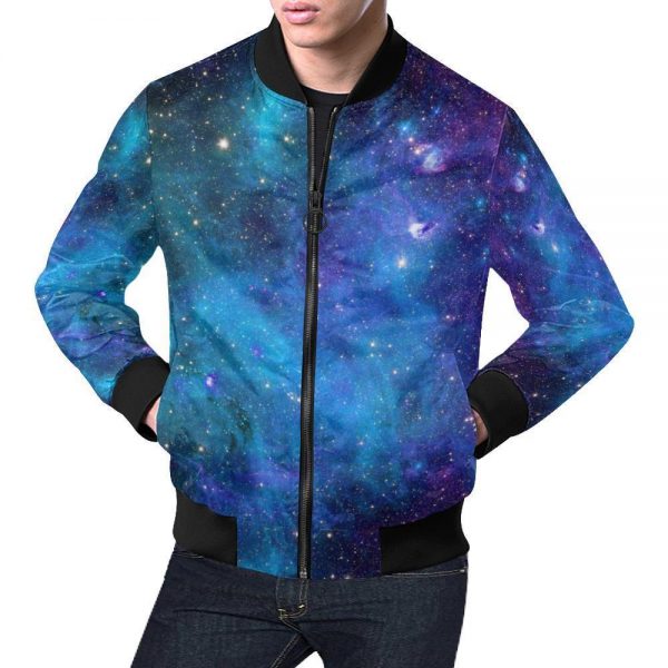 Teal Purple Stardust Galaxy Space Print Bomber Jacket
