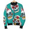 Teal Sugar Skull Pattern Print Bomber Jacket