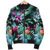 Teal Tropical Leaf Hawaii Pattern Print Bomber Jacket