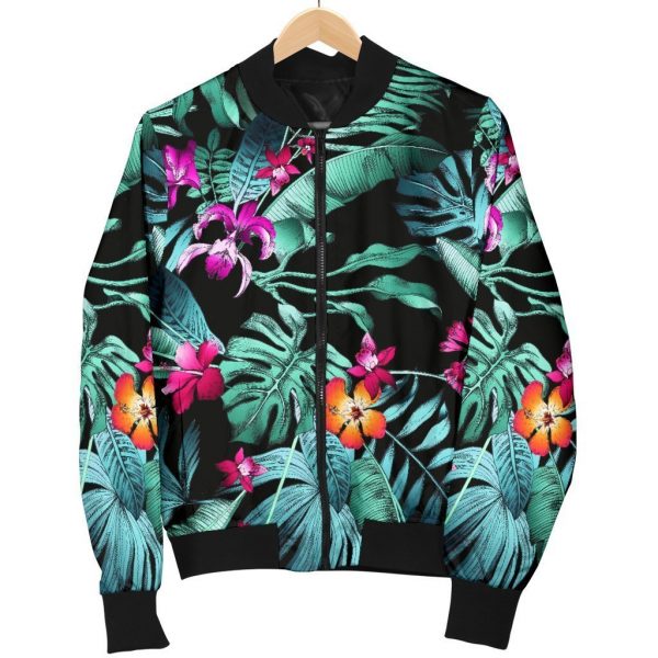 Teal Tropical Leaf Hawaii Pattern Print Bomber Jacket