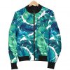 Teal Tropical Leaf Pattern Print Bomber Jacket
