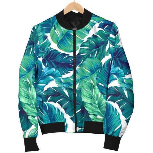 Teal Tropical Leaf Pattern Print Bomber Jacket