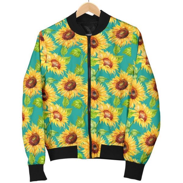 Teal Watercolor Sunflower Pattern Print Bomber Jacket