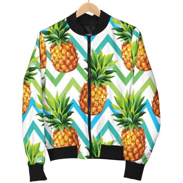 Teal Zig Zag Pineapple Pattern Print Bomber Jacket