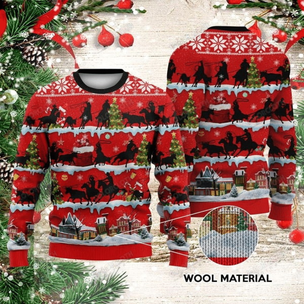 Team Roping Red Christmas Wool Sweater & Sweatshirt