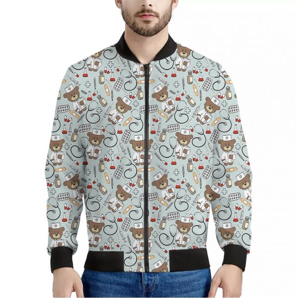 Teddy Bear Doctor Pattern Print Bomber Jacket