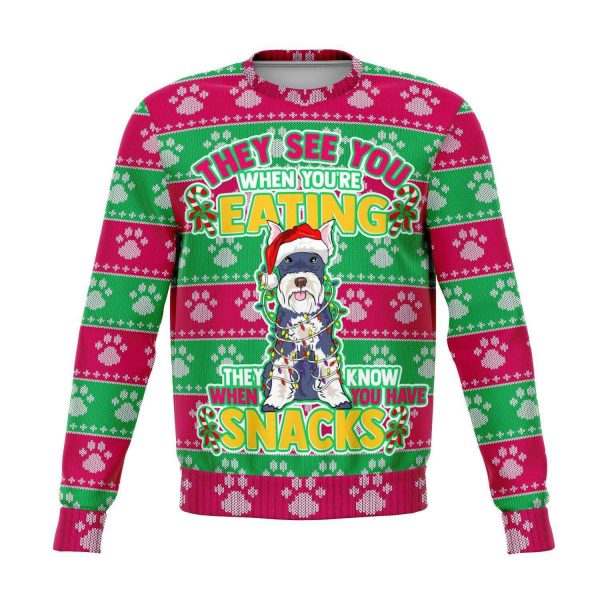 They See You When You'Re Eating Snacks Schnauzer - 3D Ugly Christmas Holiday Fashion Sweatshirt