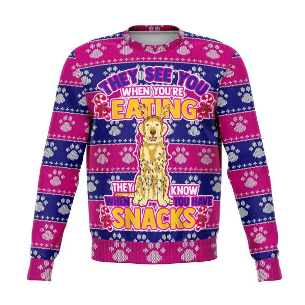 They See You When Your Eating Snacks Golden Retriever - 3D Ugly Christmas Holiday Fashion Sweatshirt