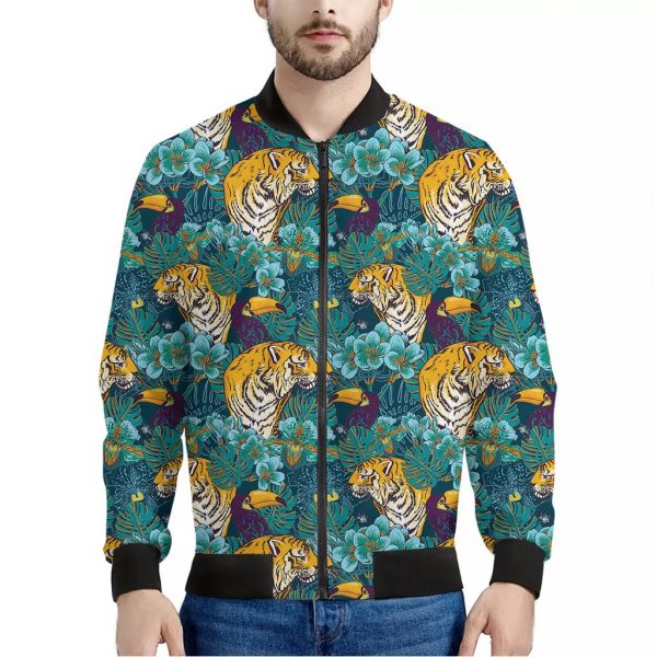 Tiger And Toucan Pattern Print Bomber Jacket