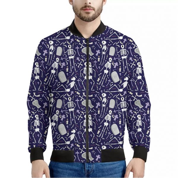 Tomb And Skeleton Pattern Print Bomber Jacket