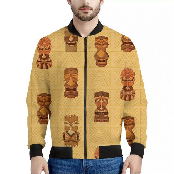 Tribal Tiki Mask Pattern Print Bomber Jacket