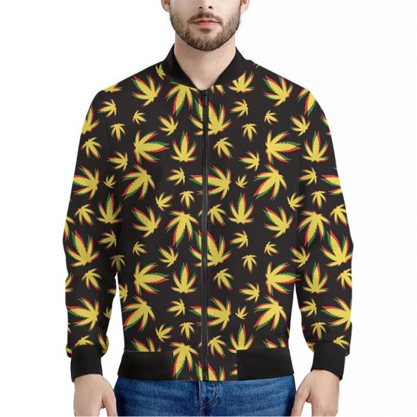 Trippy Weed Leaf Pattern Print Bomber Jacket