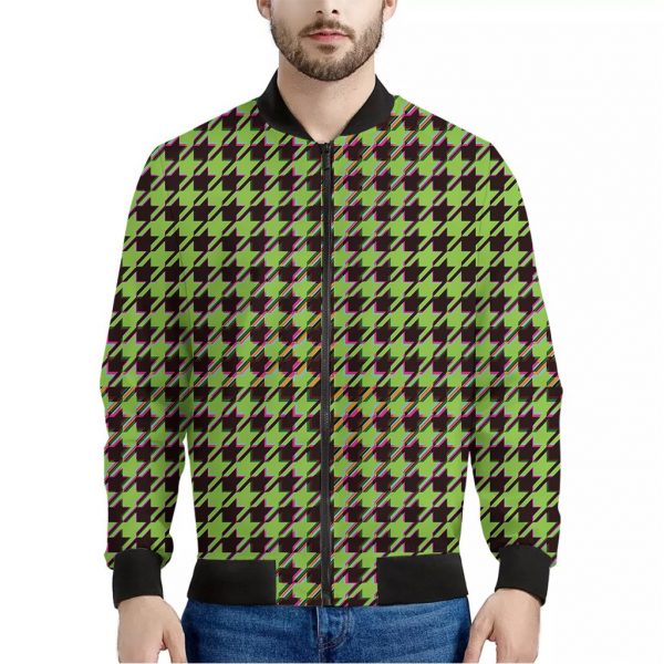 Trippy green Houndstooth Pattern Print Bomber Jacket