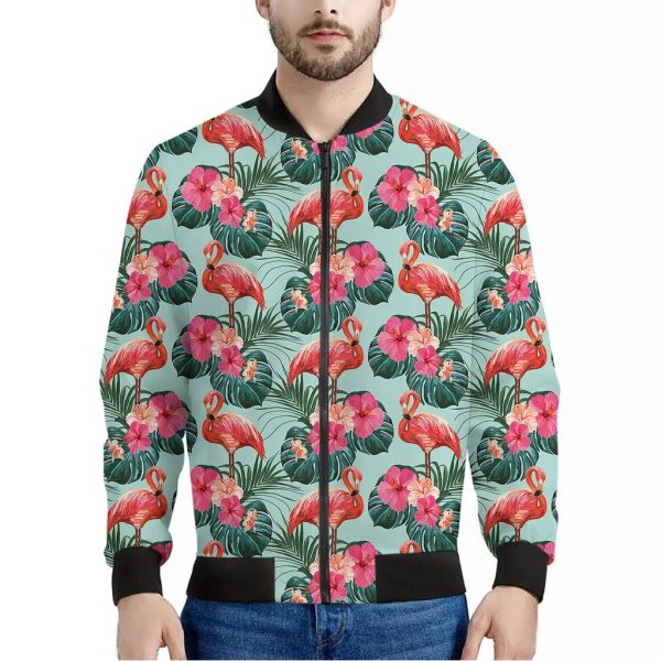 Tropical Floral Flamingo Pattern Print Bomber Jacket