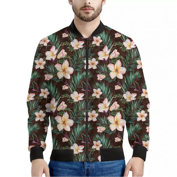 Tropical Frangipani Flower Print Bomber Jacket