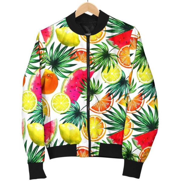 Tropical Fruit Leaf Pattern Print Bomber Jacket