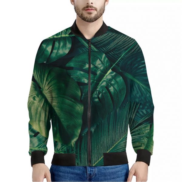 Tropical Green Leaves Print Bomber Jacket