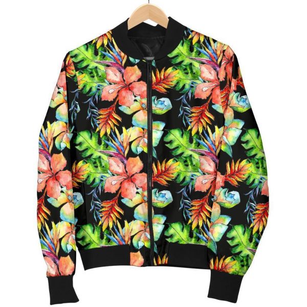 Tropical Hawaii Flowers Pattern Print Bomber Jacket