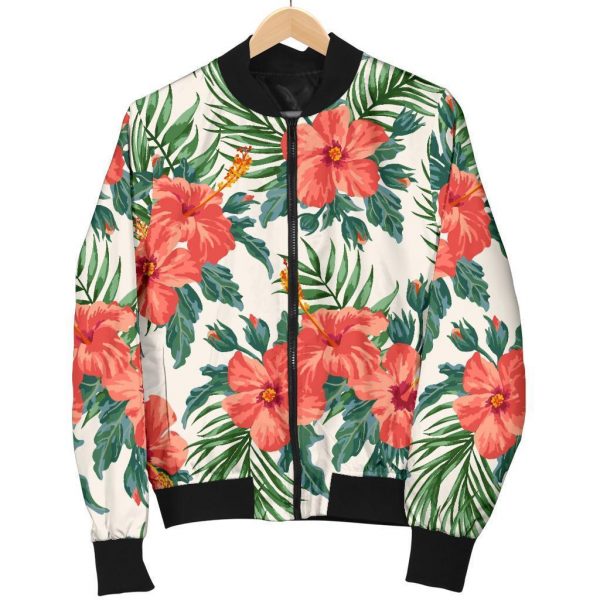 Tropical Hibiscus Blossom Pattern Print Bomber Jacket