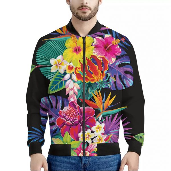 Tropical Hummingbird Print Bomber Jacket