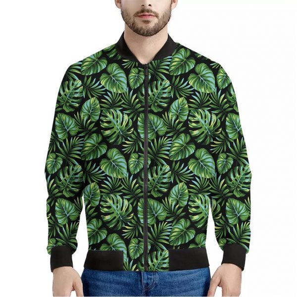 Tropical Monstera Leaves Pattern Print Bomber Jacket