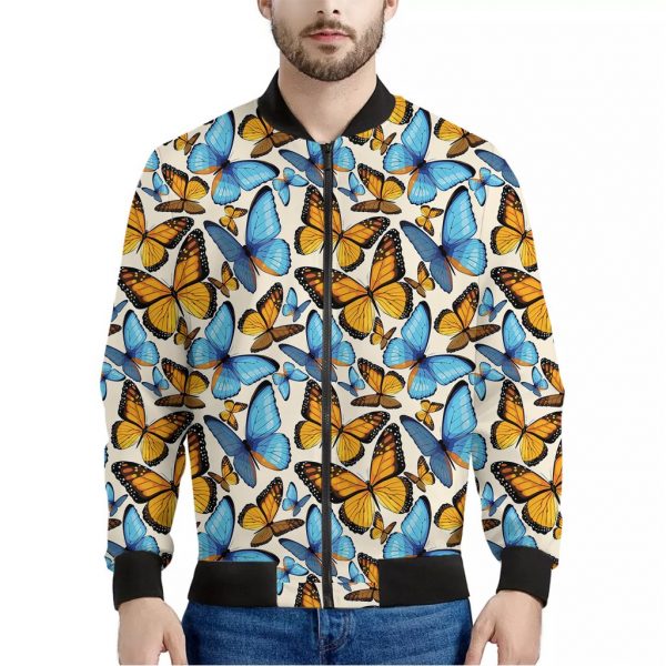 Turquoise And Orange Butterfly Print Bomber Jacket