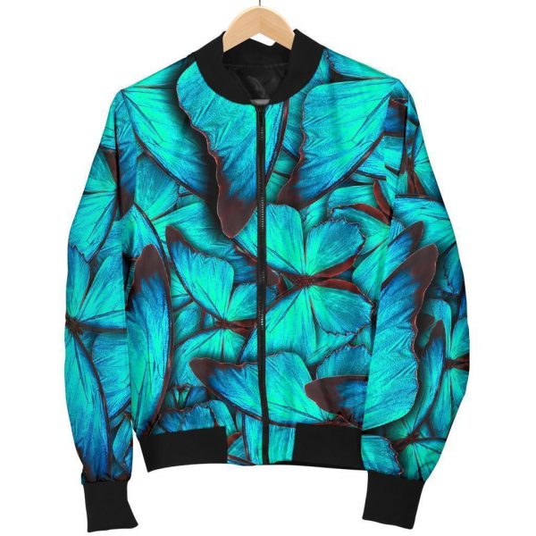 Turquoise Butterfly Pattern Print Bomber Jacket
