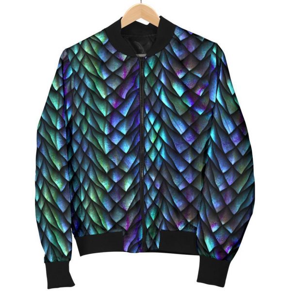 Turquoise Dragon Scales Pattern Print Bomber Jacket