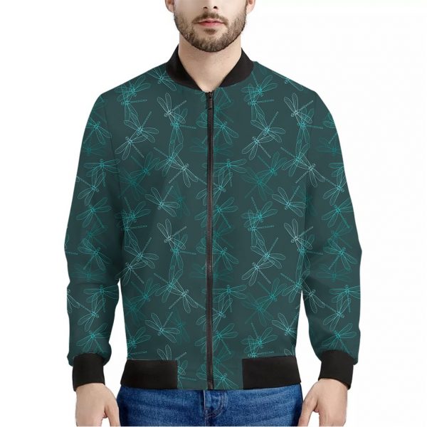 Turquoise Dragonfly Pattern Print Bomber Jacket