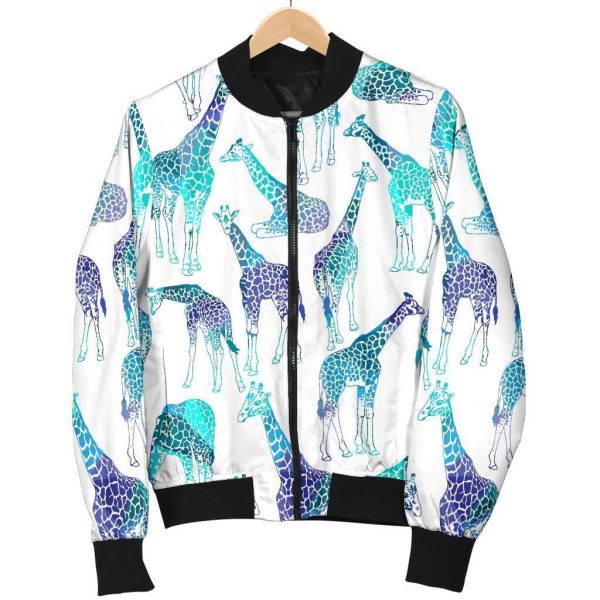 Turquoise Giraffe Pattern Print Bomber Jacket