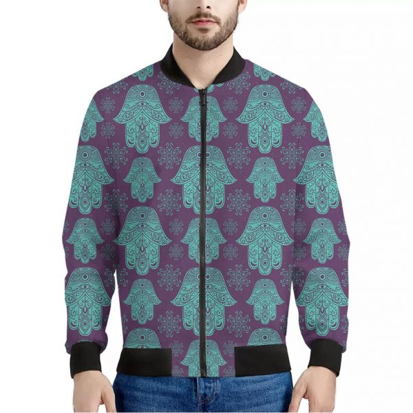 Turquoise Hamsa Pattern Print Bomber Jacket