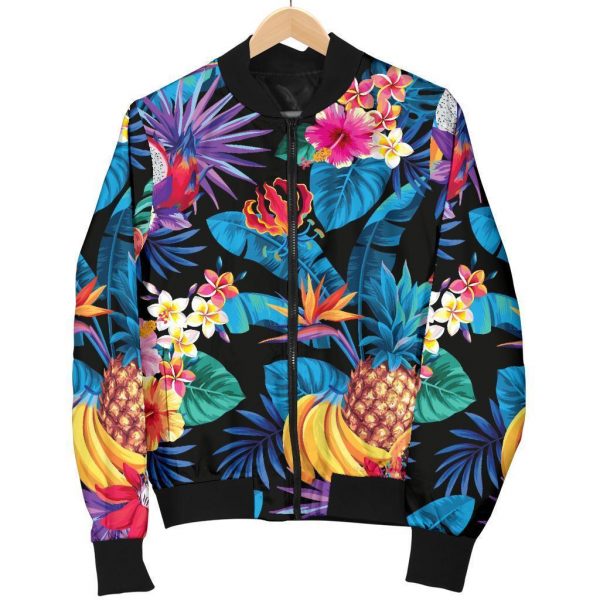 Turquoise Hawaiian Fruits Pattern Print Bomber Jacket