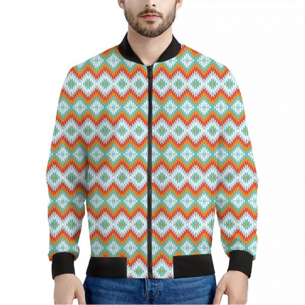 Turquoise Native American Pattern Print Bomber Jacket