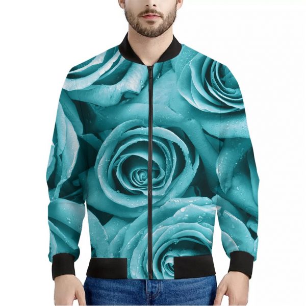 Turquoise Rose Flower Print Bomber Jacket