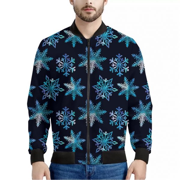Turquoise Snowflake Pattern Print Bomber Jacket