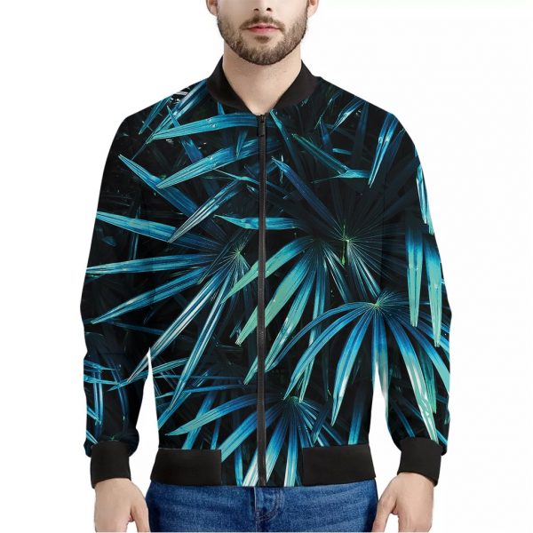 Turquoise Tropical Leaves Print Bomber Jacket