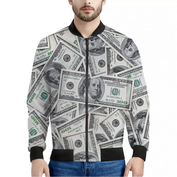 US Dollar Pattern Print Bomber Jacket