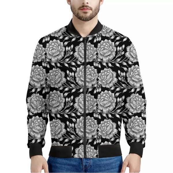 Vintage Black And White Floral Print Bomber Jacket