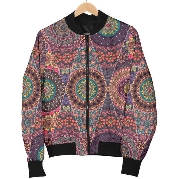 Vintage Bohemian Floral Mandala Print Bomber Jacket