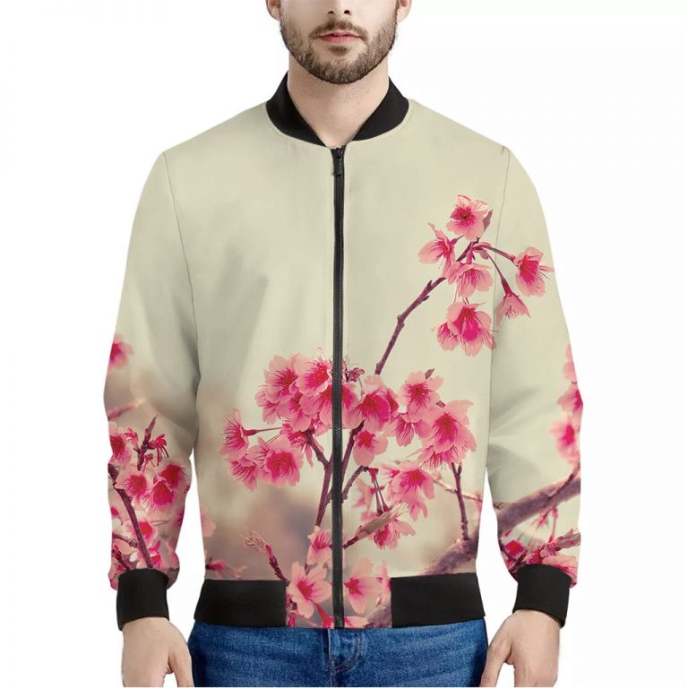 Vintage Cherry Blossom Print Bomber Jacket