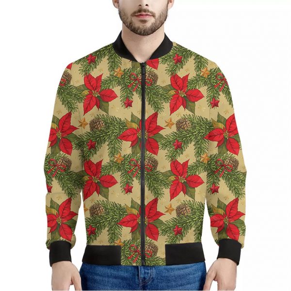 Vintage Christmas Poinsettia Print Bomber Jacket