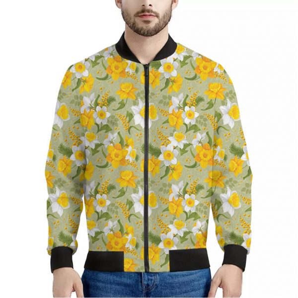 Vintage Daffodil Flower Pattern Print Bomber Jacket