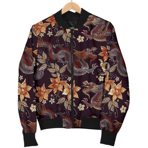 Vintage Dragon Flower Pattern Print Bomber Jacket