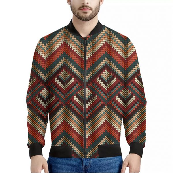 Vintage Knitted Pattern Print Bomber Jacket