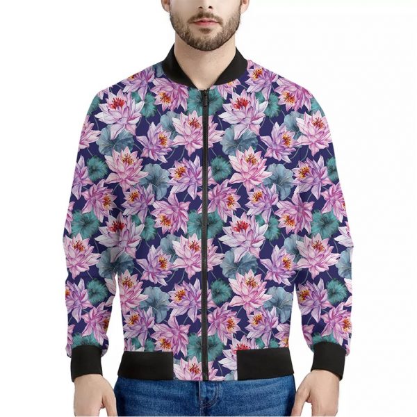 Vintage Lotus Flower Print Bomber Jacket