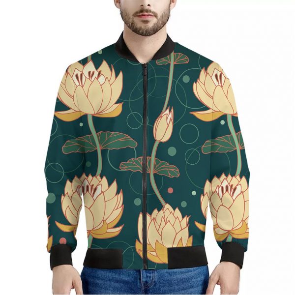 Vintage Lotus Pattern Print Bomber Jacket